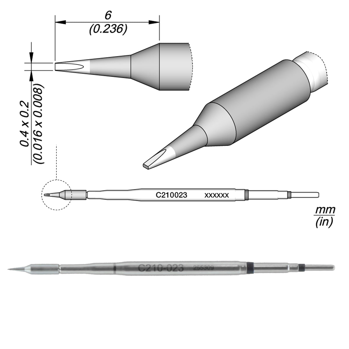 Cartucho cincel JBC C210-023 0.4 x 0.2 ideal para reparaciones de precisión en Quetzaltenango.