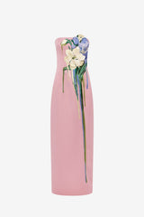 Rayna Embroidered Bustier Maxi Dress - Bouquet Print in Pastel Pink Dress Maxi