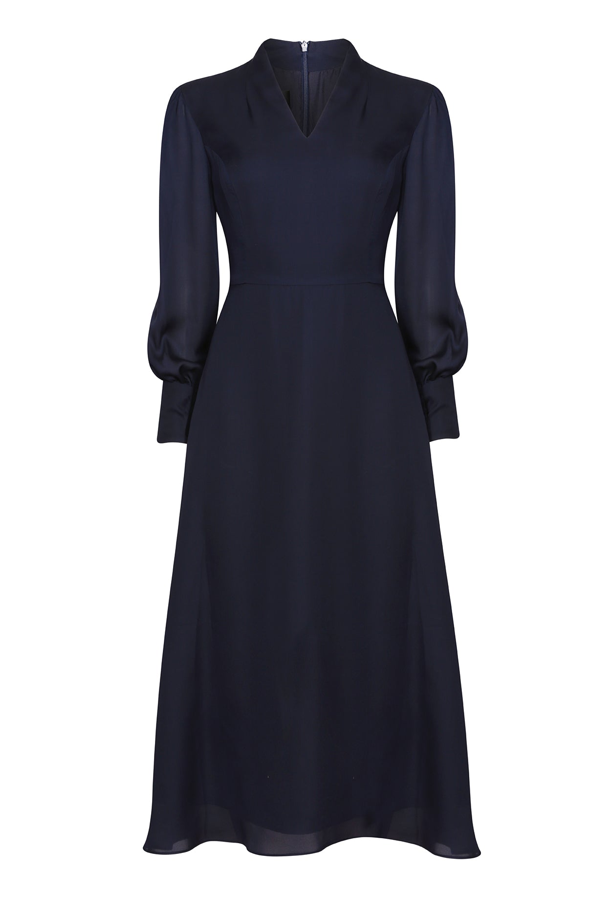 Long-Sleeved Midi Dress with Flared Skirt in Plain Navy Silk - Sofia