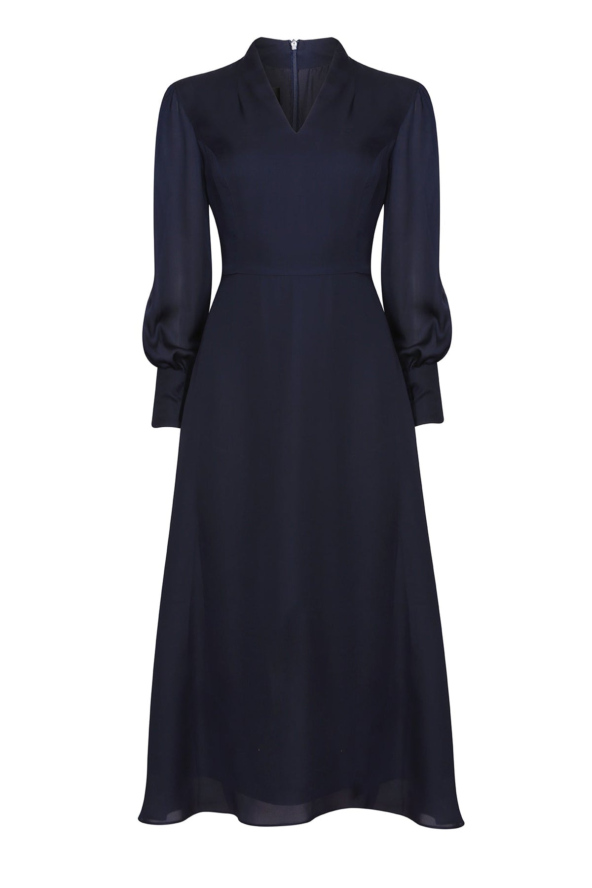 Long-Sleeved Midi Dress with Flared Skirt in Plain Navy Silk - Sofia