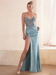 Sheath/Column Long Prom Dress Basque Waist Glitter Satin Evening Dresses Corset Spaghetti Straps Sleeveless Floor-length With Side Split&Appliques Lace