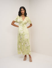 Sage Green Floral Satin Erin Midi Dress