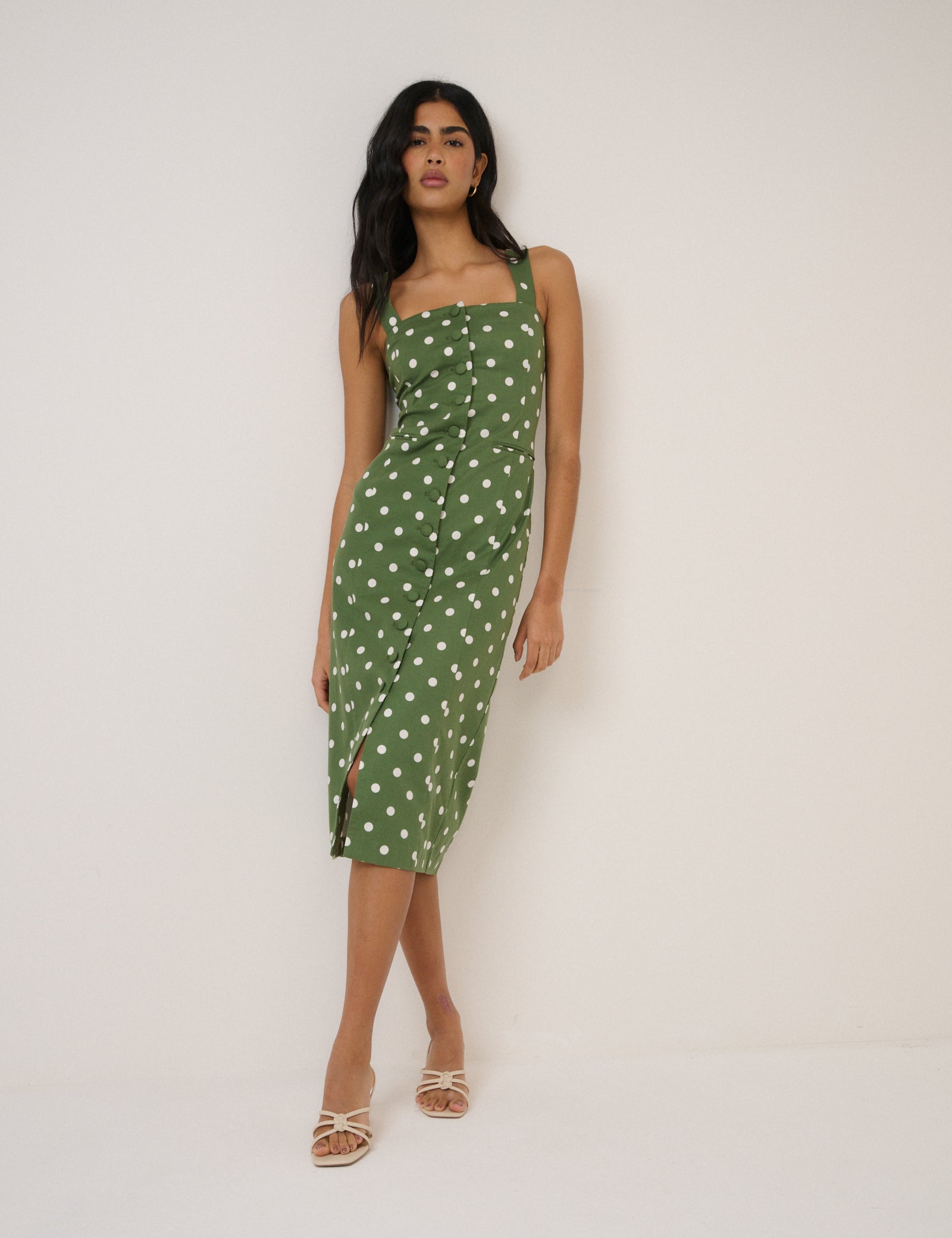Green Polka Dot Strappy Tailored Dress