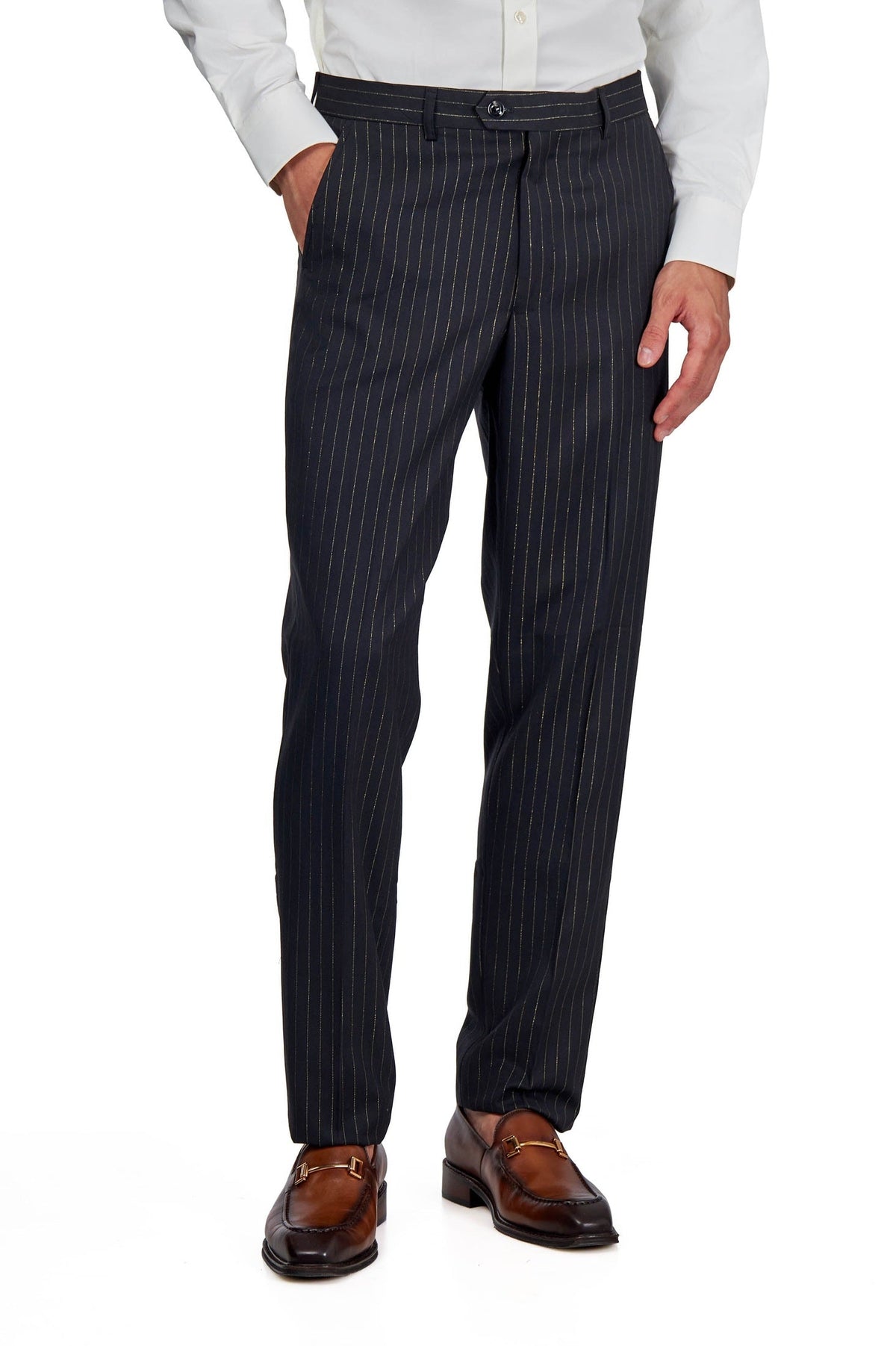 NEIL – Mens Black Gold Pinstripe Suit Trousers Tapered Fit