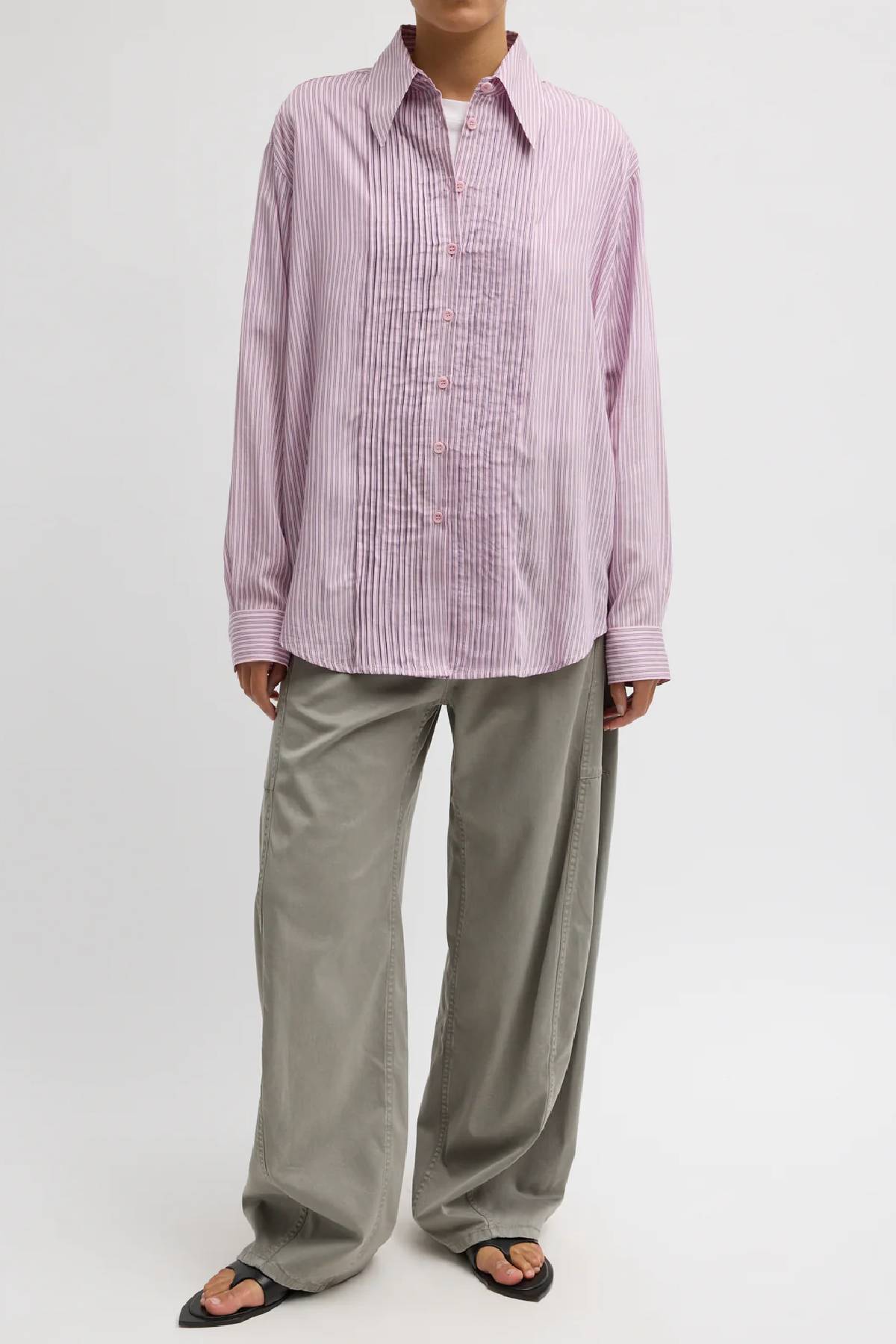 Tibi Ultra Light Silk Tencel Striped Pintucked Shirt