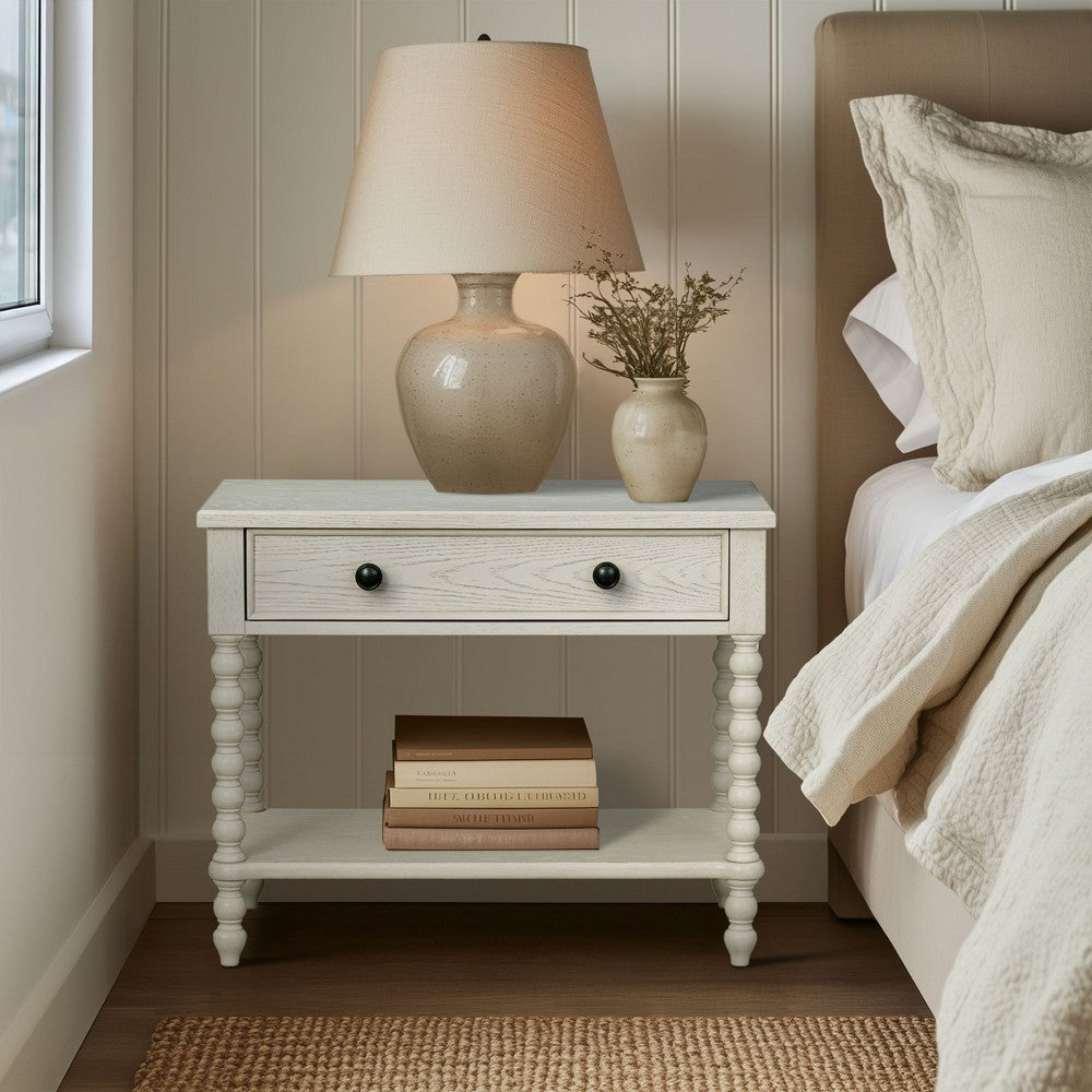 Nightstand, 1 Drawer and Shelf, Antique Cream Spindle Wood Frame