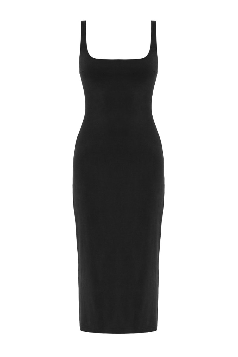 Black Olivia midi bodycon dress with square neckline from UNDRESS, shown on a hanger with close-up detail of the fabric.
