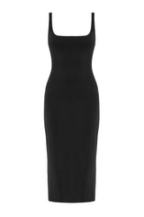 Black Olivia midi bodycon dress with square neckline from UNDRESS, shown on a hanger with close-up detail of the fabric.