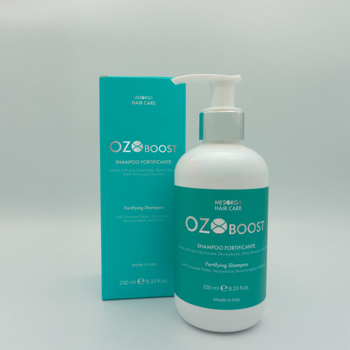 OZO BOOST- SHAMPOO FORTIFICANTE a base di: Acqua Ozonizzata, Deossiribosio, Mela Annurca e Cheratina