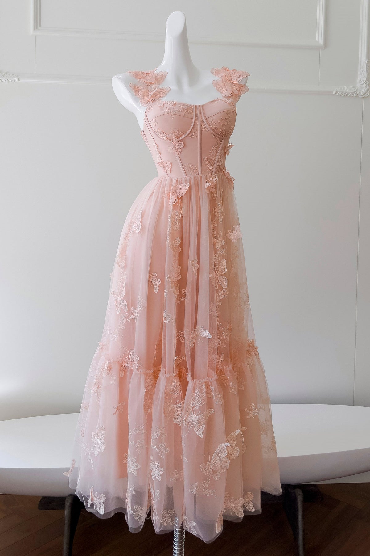 Peach 3D Butterfly Appliques A-line Long Dress