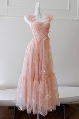 Peach 3D Butterfly Appliques A-line Long Dress