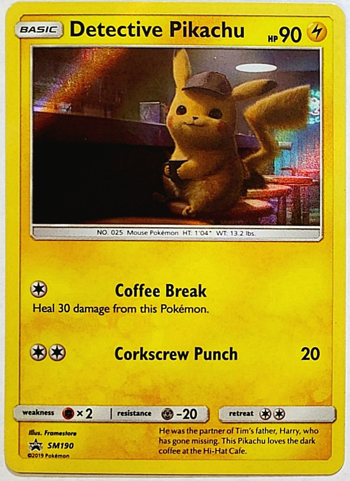 Pokemon, Detective Pikachu, Pikachu, Holo, Holgraphic, Movie, Promo, SM190, HP90, HP 90, Rare, Card, Pokemon, Sun & Moon, Sun, Moon, Sun and Moon, SM, Black Star, Promo, Set, 2019, Pokemon Cards, Memorabilia, Collectibles, Rare, Singles, TCG, CCG, Tournament, Wizards, WOTC, Hobby