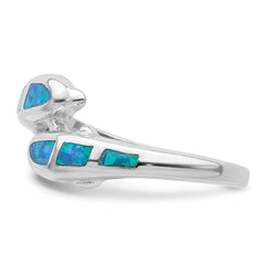 Sterling Silver Rhodium-plated Created Blue Opal Dolphins Ring - 3