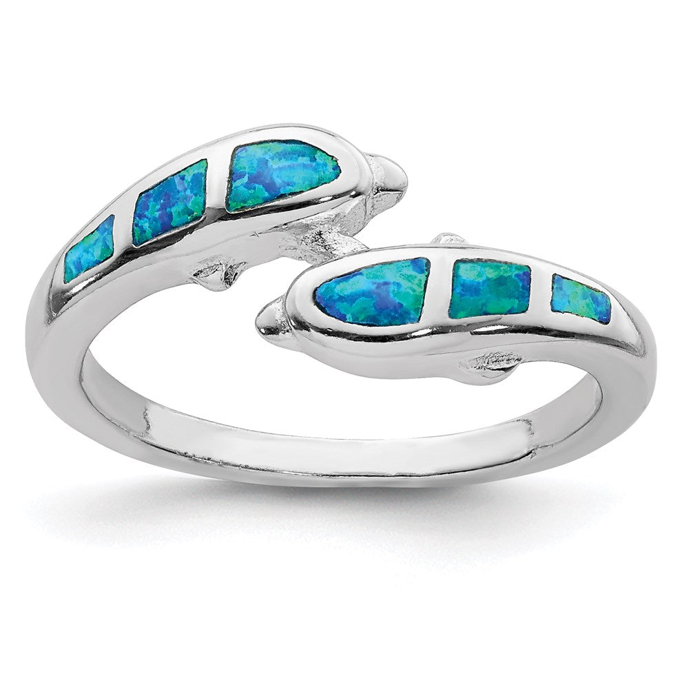 Sterling Silver Rhodium-plated Created Blue Opal Dolphins Ring - 3