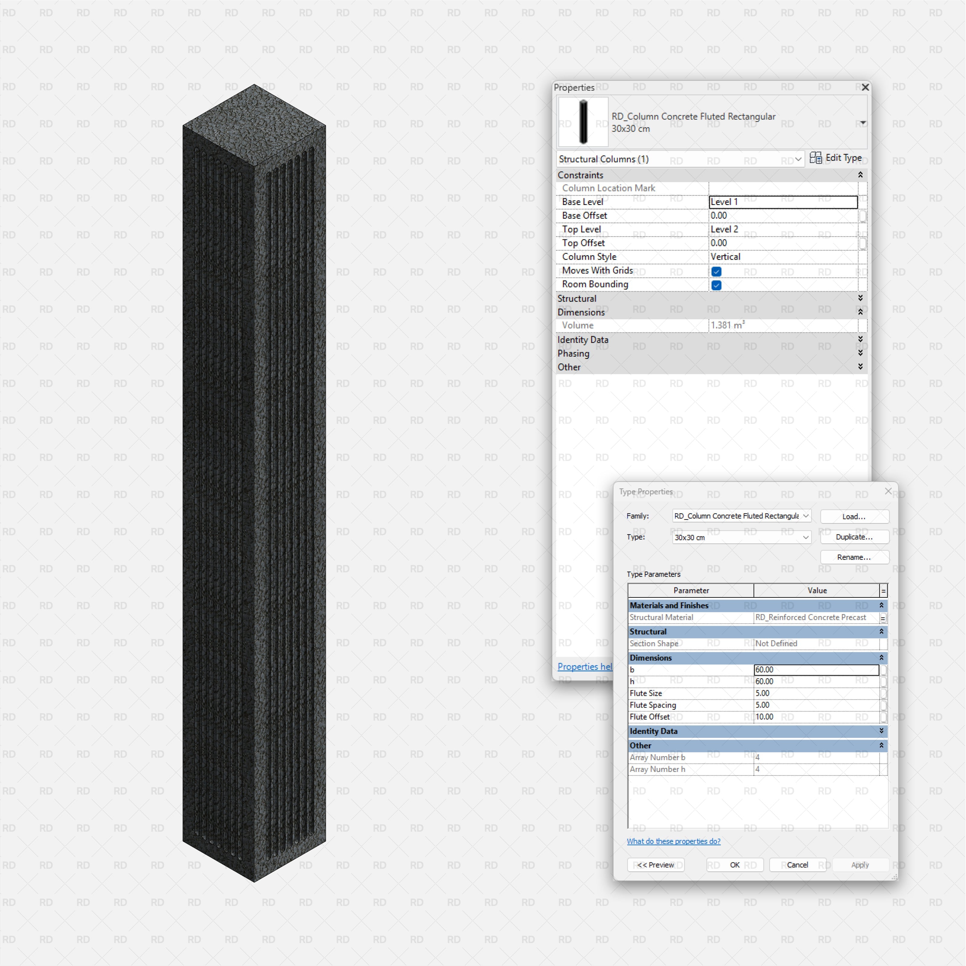 Revit Structural Concrete Columns bim object families blocks 3d model download fluted rectangular 