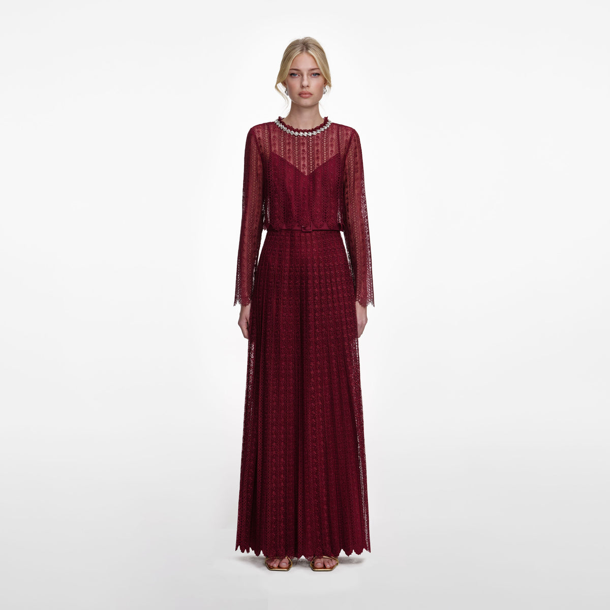 Front view of a woman wearing the Burgundy Organza Lace Maxi Dress