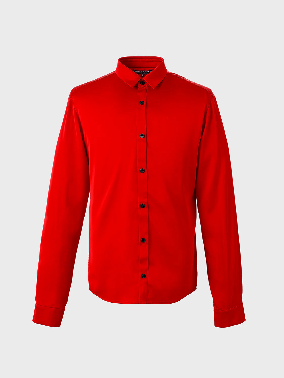 Front view of the red silk long-sleeve dress shirt showcasing vibrant color, smooth drape, and button placket.
