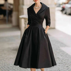 KIMLUD, Women Elegant Wedding Guest Dress Turndown Collar Mid-Length Waisted A-Line Evening Dress Cocktail Party Satin Midi Dresses, KIMLUD Womens Clothes