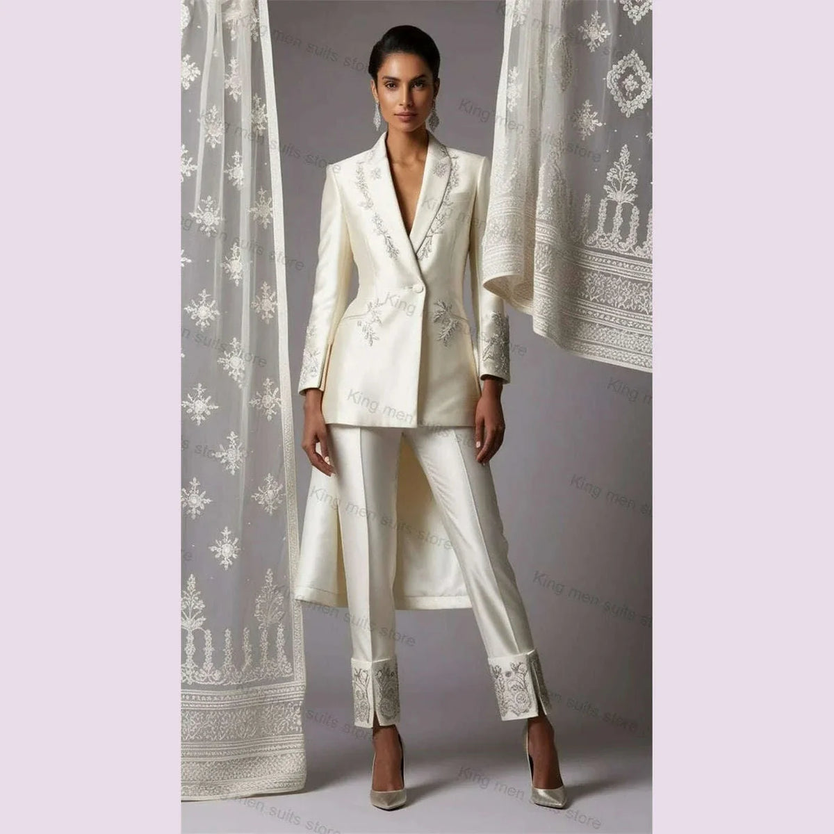 KIMLUD, Beige Satin Women Office Suits Set Customized 2 Pieces Blazer+Pants Designer Beaded Appliqued Formal Business Prom Dress Jacket, KIMLUD Womens Clothes