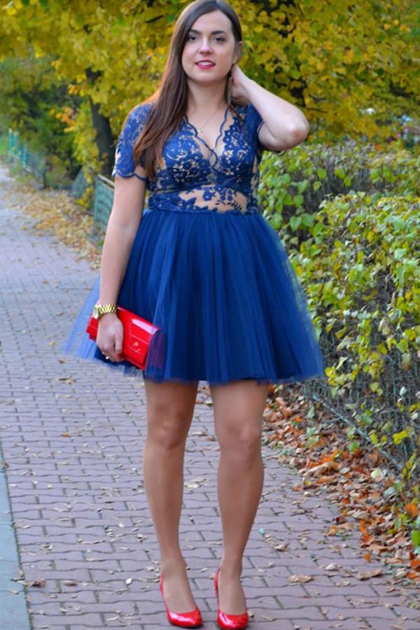 Dark Blue Deep V Neck Short Sleeve Sheer Homecoming Dress with Appliques, MH194