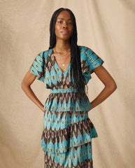 BERNAT | Turquoise Multi Layered Ikat Cotton Midi Dress