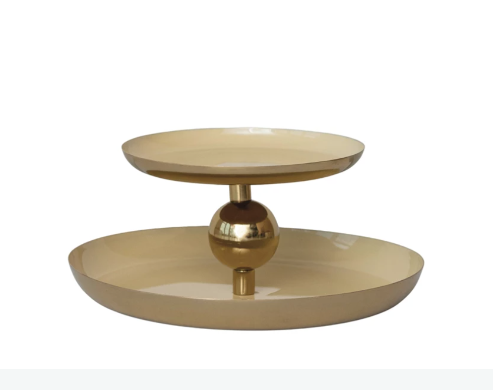 Enameled Metal 2-Tier Tray, Yellow & Gold Finish