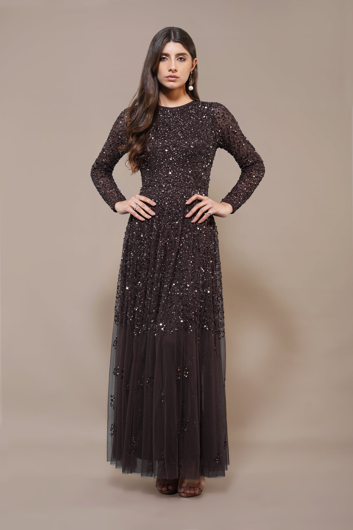 Sila Long Sleeve Embellished Maxi Dress in Coffee Brown
