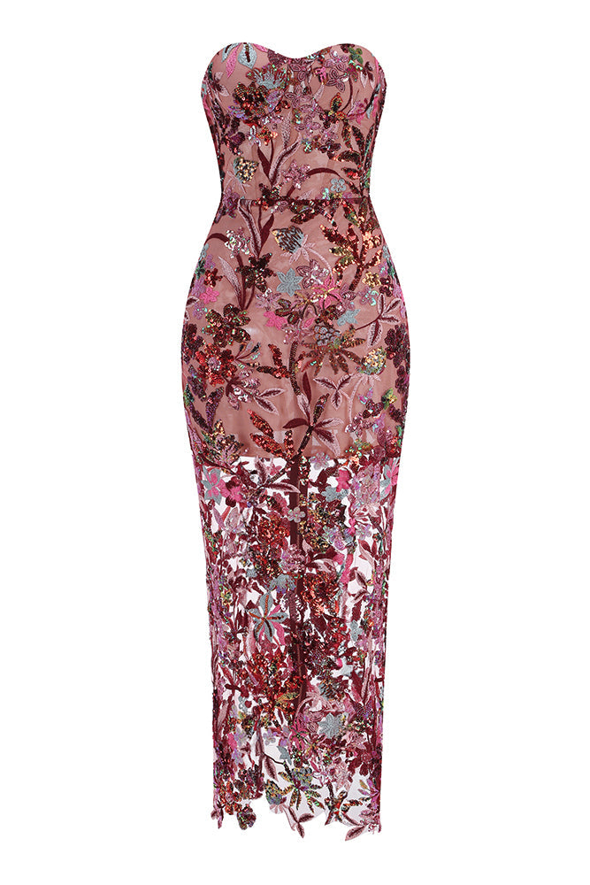 Strapless Flower Sequin-embellished Mesh Dress in Red