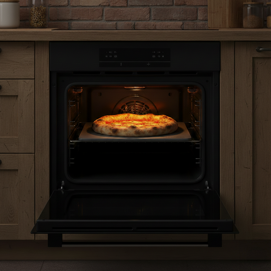 Bildausschnitt zeigt den FENNEK Backstahl in einem Backofen in einer schönen rustikalen Küche. Auf dem FENNEK Backstahl backt eine knusprig fluffige Pizza.