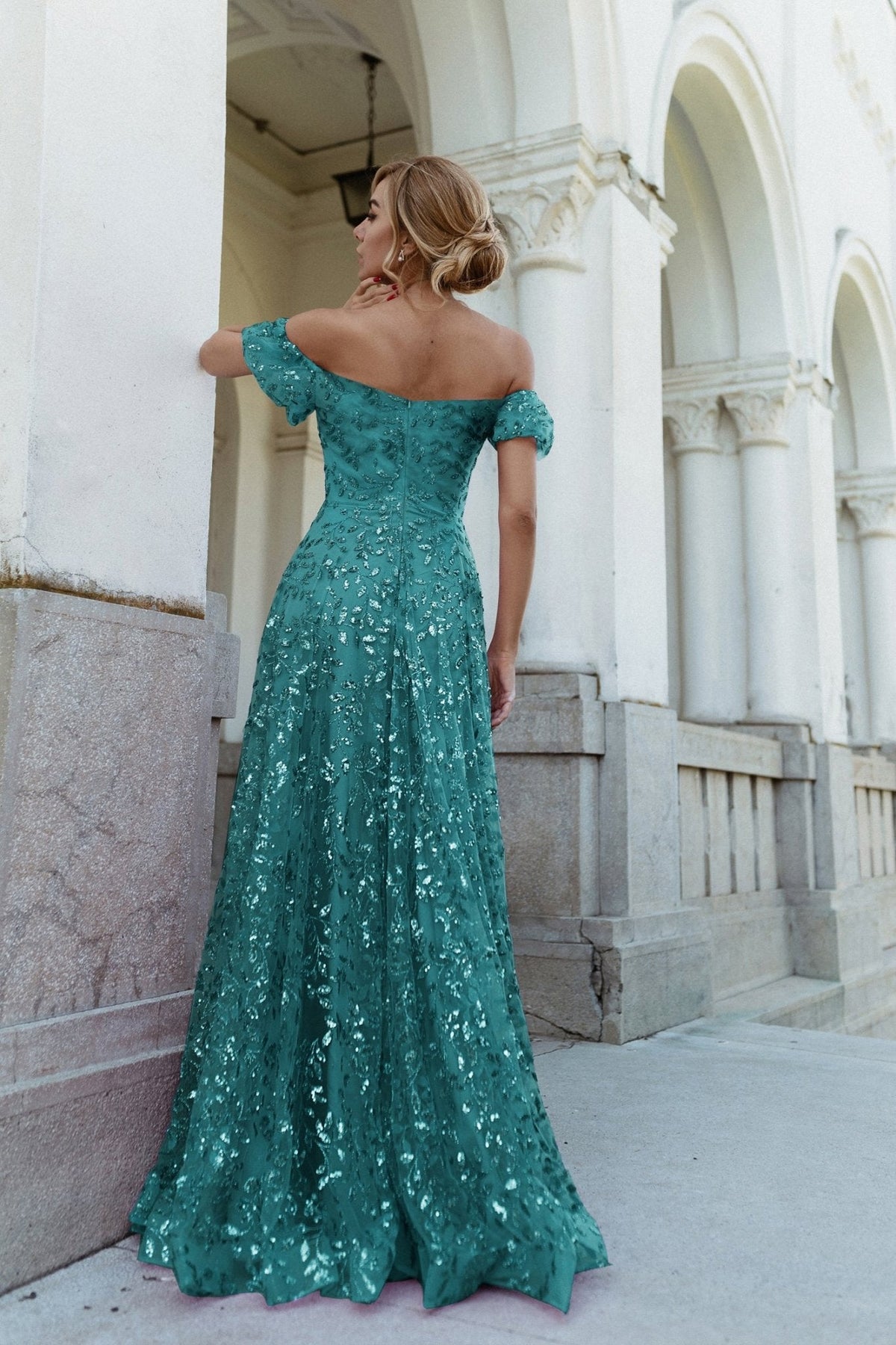 Tina Holly Couture TW023 Teal Green Off Shoulder A Line Formal Dress in Australia | One Honey Boutique
