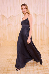 Black Pleated Satin Reine Gown - Front View On Model | Ulla Johnson