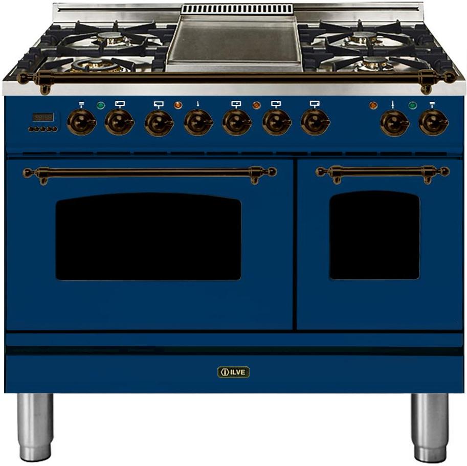 Nostalgie Series Dual Fuel Natural Gas Range with 5 Sealed Brass Burners  3.55 cu. ft. Total Capacity True Convection Oven  Griddle  with Bronze Trim  in Blue UPDN100FDMPBLY 40" - America Best Appliances, LLC
