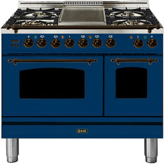 Nostalgie Series Dual Fuel Natural Gas Range with 5 Sealed Brass Burners  3.55 cu. ft. Total Capacity True Convection Oven  Griddle  with Bronze Trim  in Blue UPDN100FDMPBLY 40" - America Best Appliances, LLC