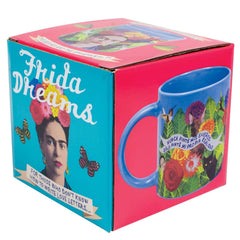 Unemployed Philosophers Guild - Frida Kahlo Mug, 10 oz, blue ceramic mug with colourful floral design and quote in Spanish, boxed presentation.