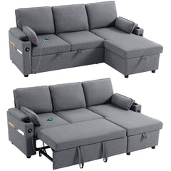 HOMCOM Corner Sofa Bed, L Shaped Sofa With Storage Chaise, USB Ports, Grey