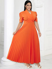 ONTINVA V Neck Orange Short Sleeve Prom Pleated Dress