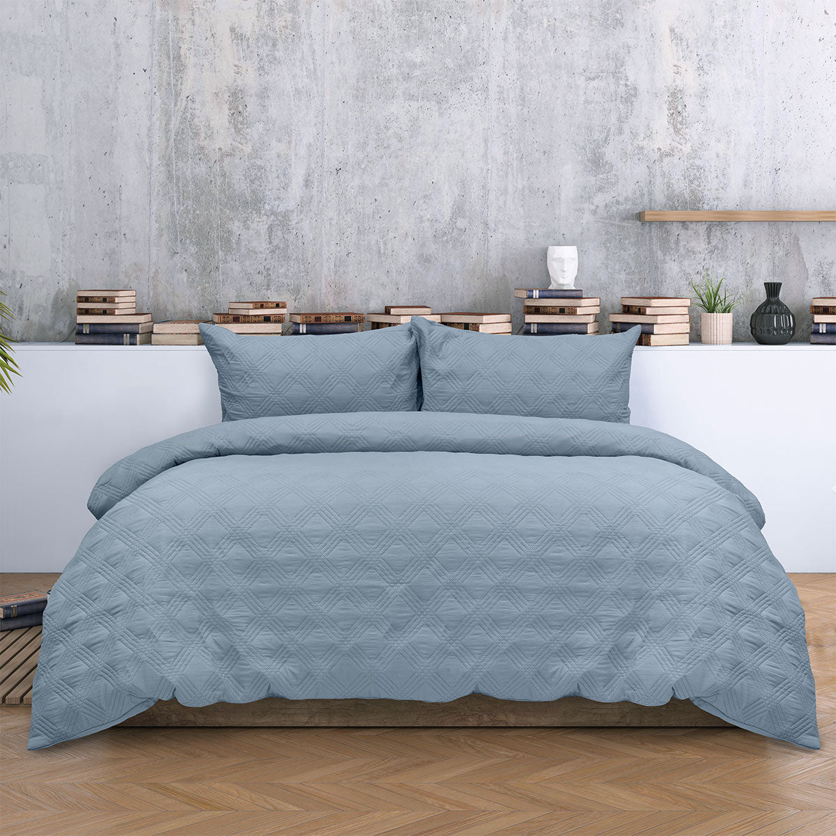 Ardor Carter Mineral Blue Embossed Vintage Washed Geometric Quilt Cover Set King