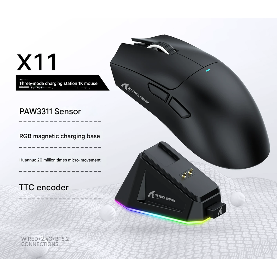 High-Performance Tri-Mode Wireless Gaming Mouse - 22000 DPI, Rechargeable, with RGB Charging Dock(black)