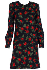 1990s Vintage Lihli Black Dress with Red Roses