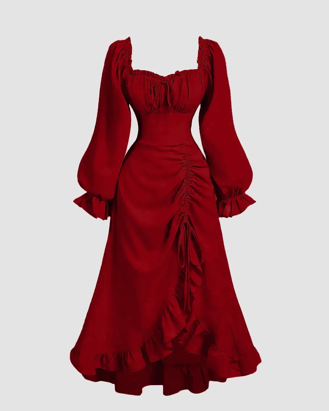 Front view of Vintage cherry red dress with ruffled sleeves, long sleeves, and a square collar, featuring a drawstring waist
