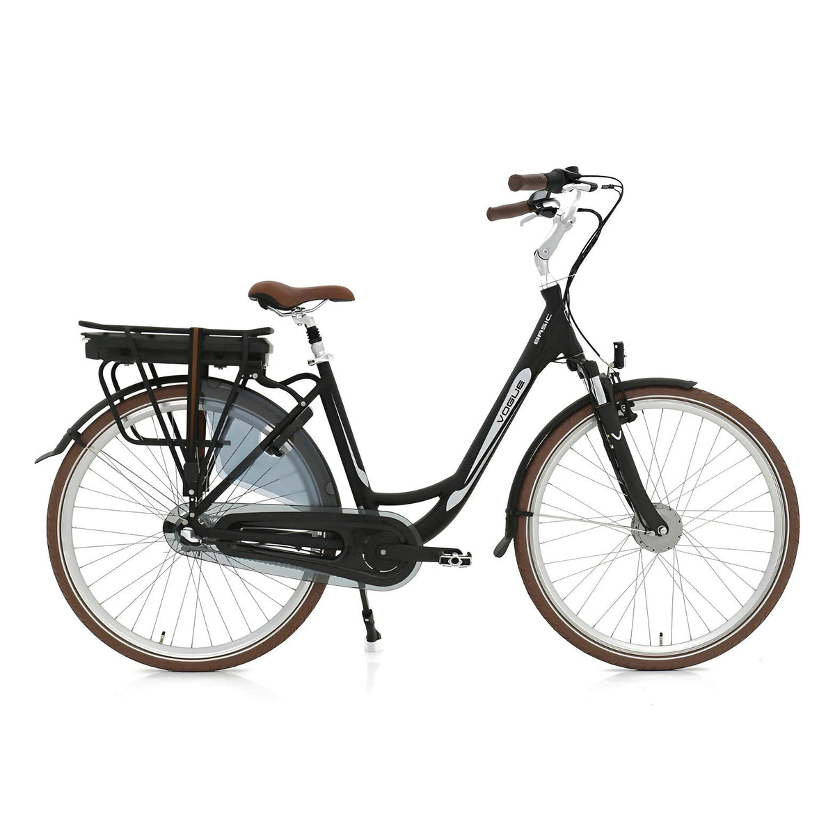 Vogue Basic N7 Elektrische Fiets Mat Zwart met Bruine Accenten 49cm – Elektrische Damesfiets met 468Wh Accu - AE-trading