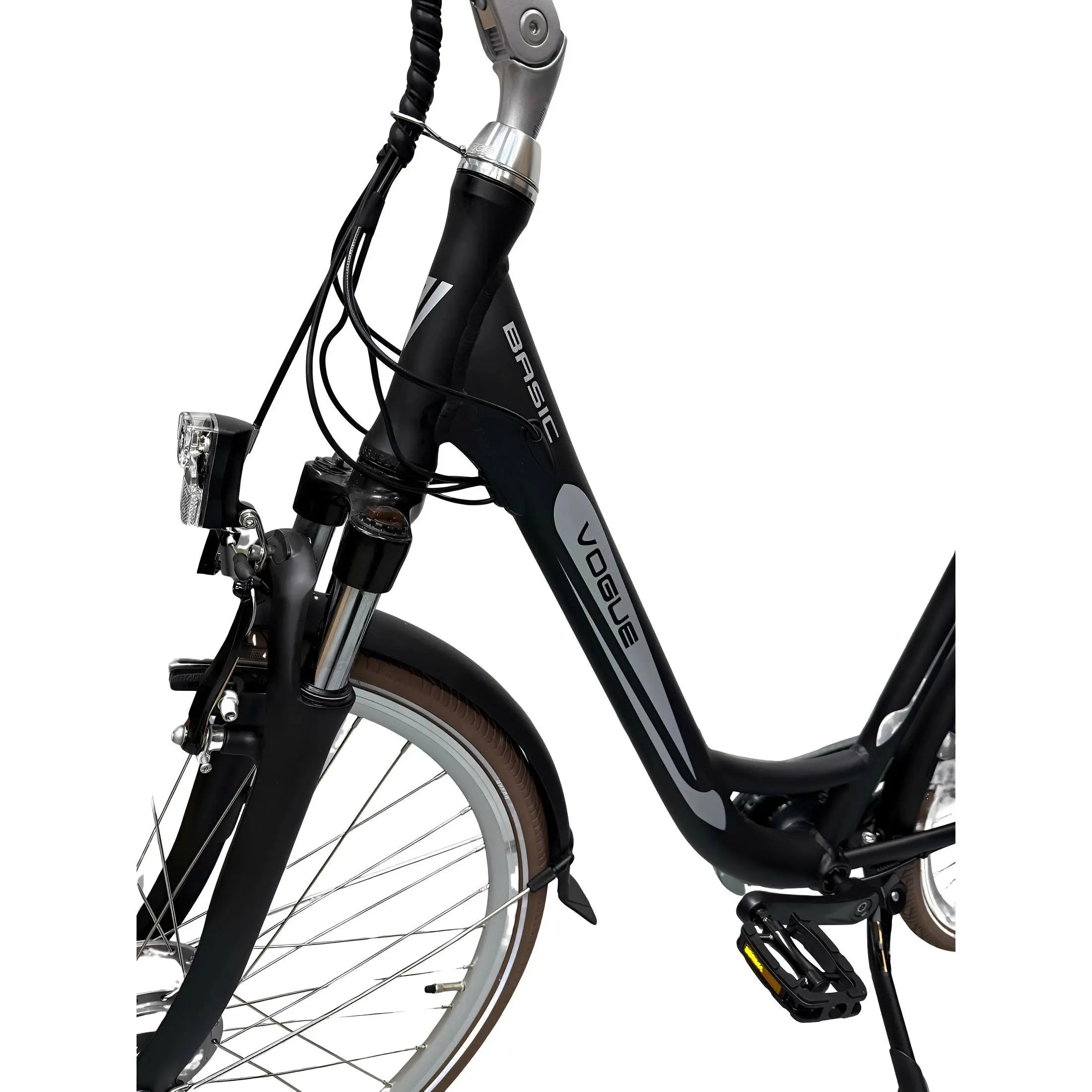 Vogue Basic N7 Elektrische Fiets Mat Zwart met Bruine Accenten 49cm – Elektrische Damesfiets met 468Wh Accu - AE-trading