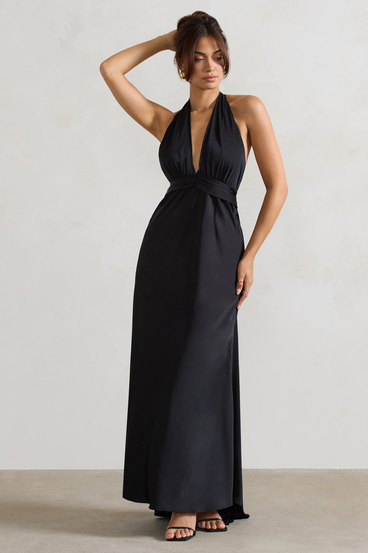 Carolyn | Black Satin Plunge Maxi Dress With Dipped Hem - Club L London - USA