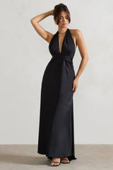 Carolyn | Black Satin Plunge Maxi Dress With Dipped Hem - Club L London - USA