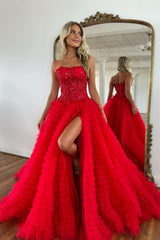 Women Sparkly Red Ruffled Corset Long Prom Dress with Slit Spaghetti Straps A-Line Formal Party Dress with Sequins