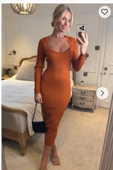 Soft Knitted Ribbed Midi Bodycon Dress Long Sleeve In Brown