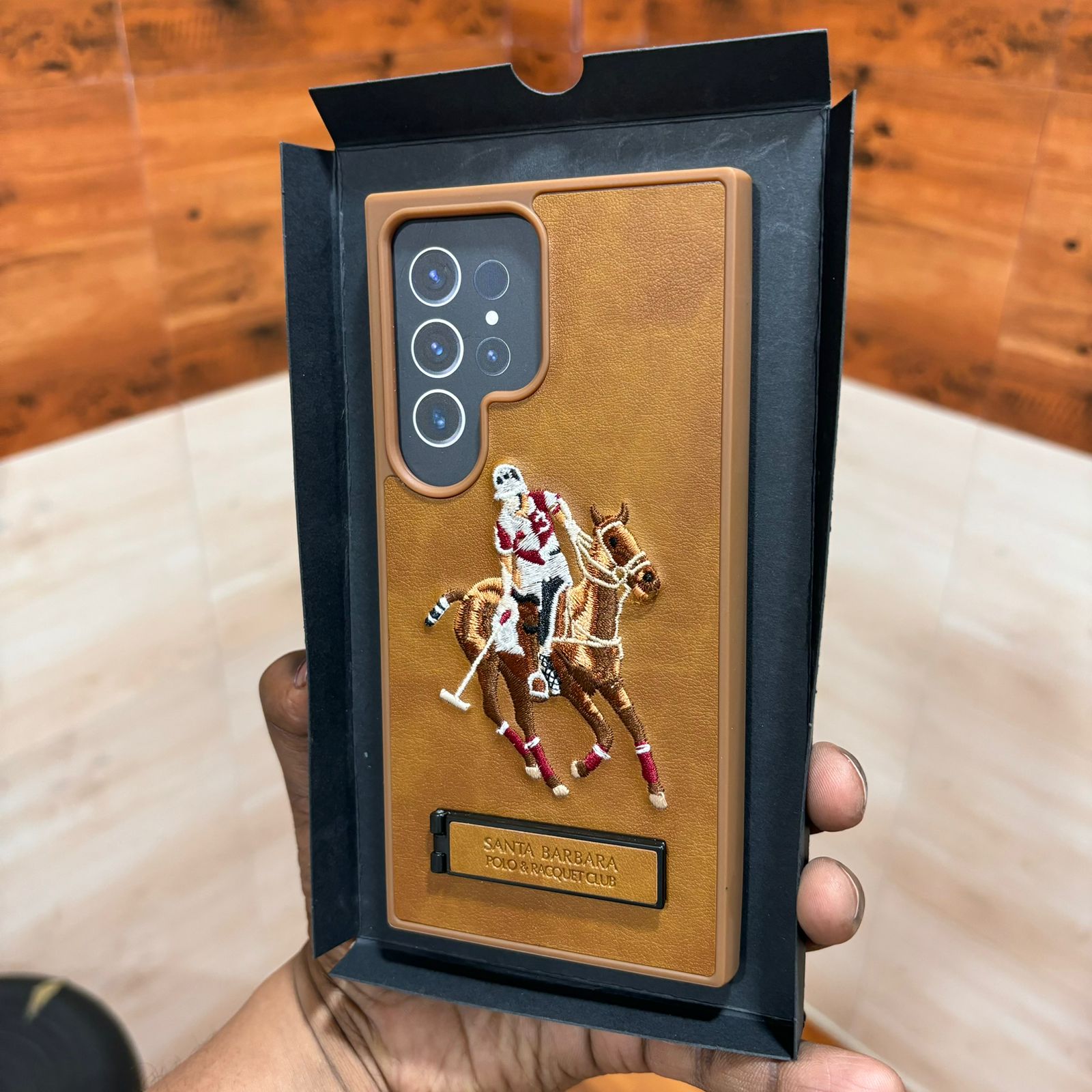 Samsung Galaxy S24 Ultra Polo Embroidery Leather Case with Metal Kickstand - Brown Mobile Case by CoverMeUp - Style 2