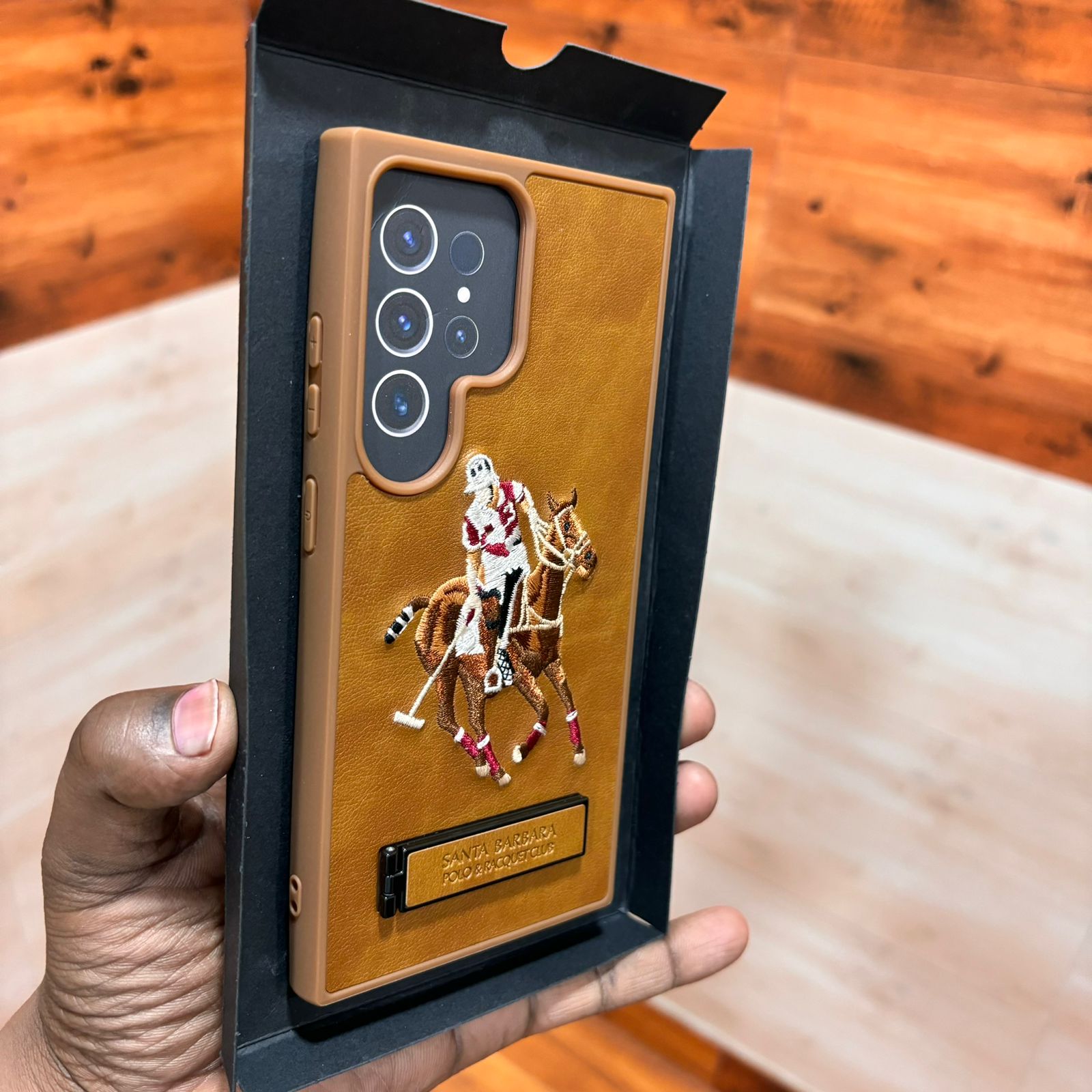 Samsung Galaxy S24 Ultra Polo Embroidery Leather Case with Metal Kickstand - Brown Mobile Case by CoverMeUp - Style 3
