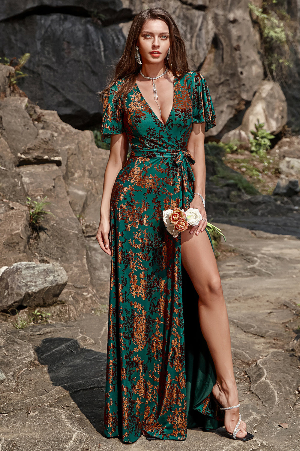 A-Line V Neck Dark Green Burnout Velvet Floor Length Dress with Short Sleeves