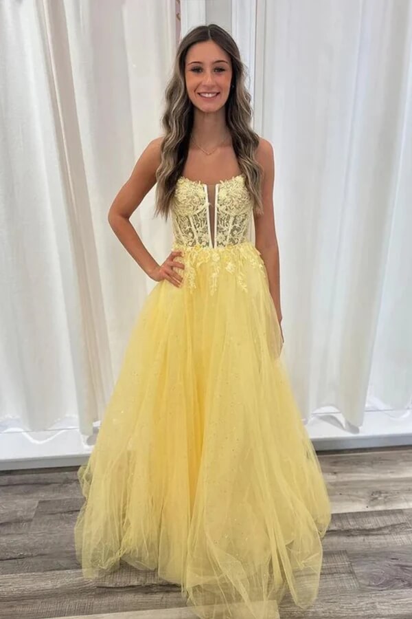 Yellow Tulle A-line V-neck Backless Lace Appliques Long Prom Dresses, MP950 | new arrival prom dress | lace prom dress | party dress | musebridals.com